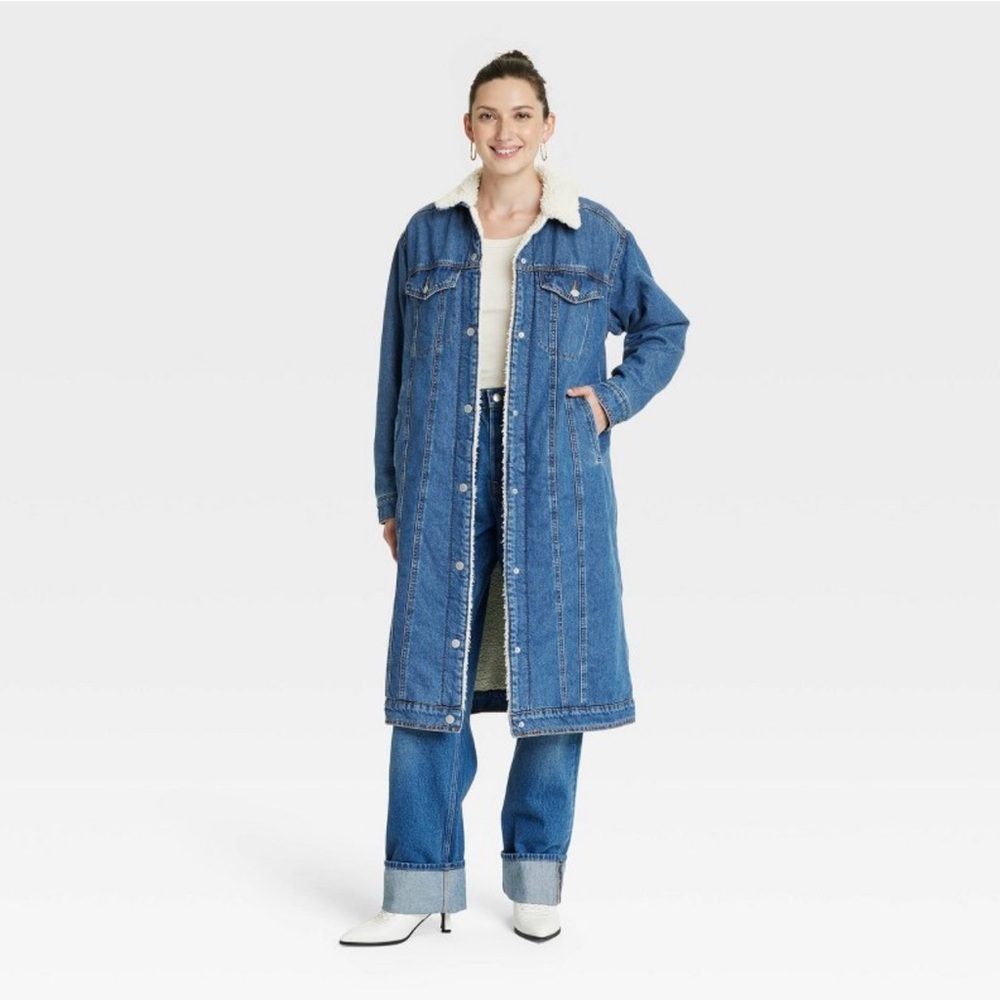 Madewell Dupe Faux Sherling Long Denim Trucker Jacket